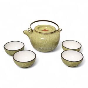 Vintage Chinese Crackle Glaze Ceramic Tea Set Celadon Yixing Style Teapot Cups